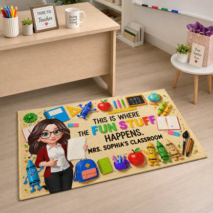 Personalized Standard Doormat With Standing Cartoon Teacher & School Supplies, Unique Teacher Gift