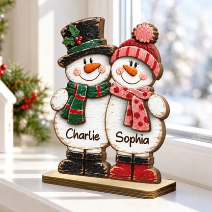 Personalized 2-Layer Wooden Plaque, Rustic Snowman Couple Standing Together, Unique Christmas Gift for Couples