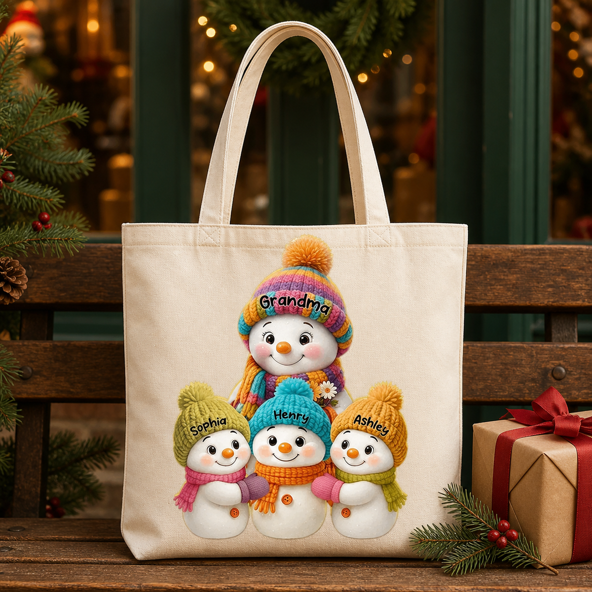 Personalized Classic Tee, Colorful Grandma Snowman Family Gathered Together, Unique Christmas Gift for Grandma