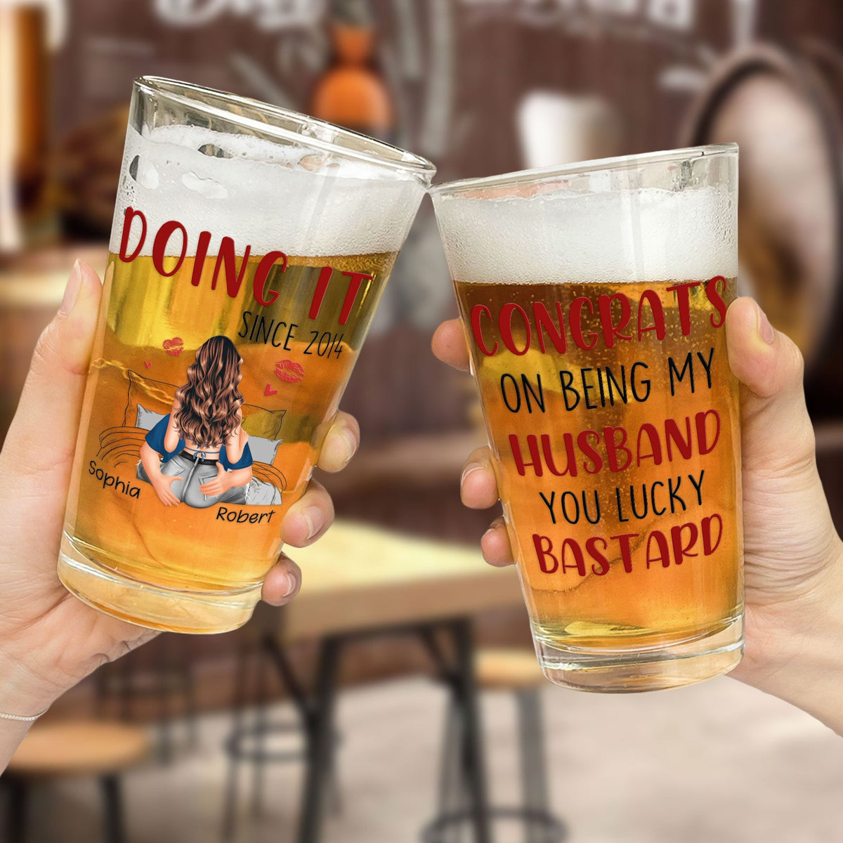 Congrats On Being My Husband Personalized Beer Glass, Cheeky Love Quote Gift For Him With Heart And Kiss Marks