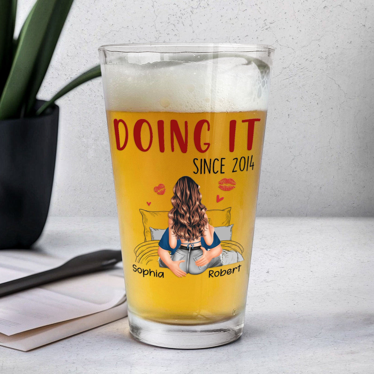 Congrats On Being My Husband Personalized Beer Glass, Cheeky Love Quote Gift For Him With Heart And Kiss Marks