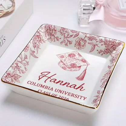 Personalized Graduation Jewelry Dish With Cap Floral Border Vanity Decor, Unique Keepsake Gift For Her