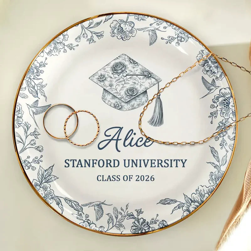 Personalized Graduation Jewelry Dish With Cap Floral Border Vanity Decor, Unique Keepsake Gift For Her