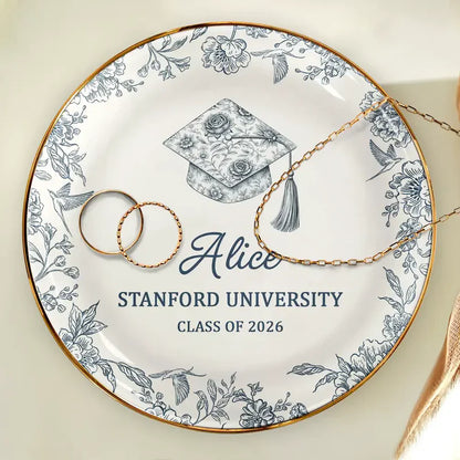 Personalized Graduation Jewelry Dish With Cap Floral Border Vanity Decor, Unique Keepsake Gift For Her