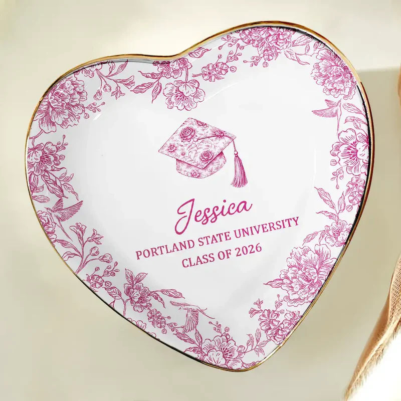 Personalized Graduation Jewelry Dish With Cap Floral Border Vanity Decor, Unique Keepsake Gift For Her