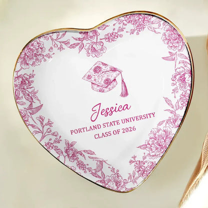 Personalized Graduation Jewelry Dish With Cap Floral Border Vanity Decor, Unique Keepsake Gift For Her