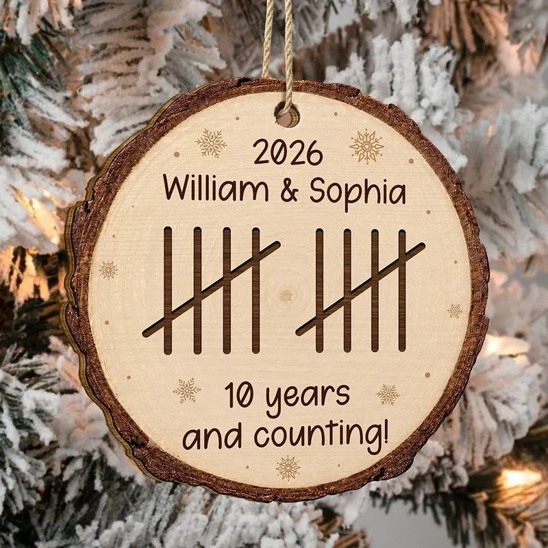 Personalized Wooden Ornament, Custom Couple Anniversary Tally Marks, Rustic Snowflake Unique Gift