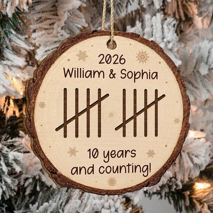 Personalized Wooden Ornament, Custom Couple Anniversary Tally Marks, Rustic Snowflake Unique Gift