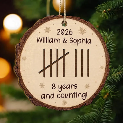 Personalized Wooden Ornament, Custom Couple Anniversary Tally Marks, Rustic Snowflake Unique Gift