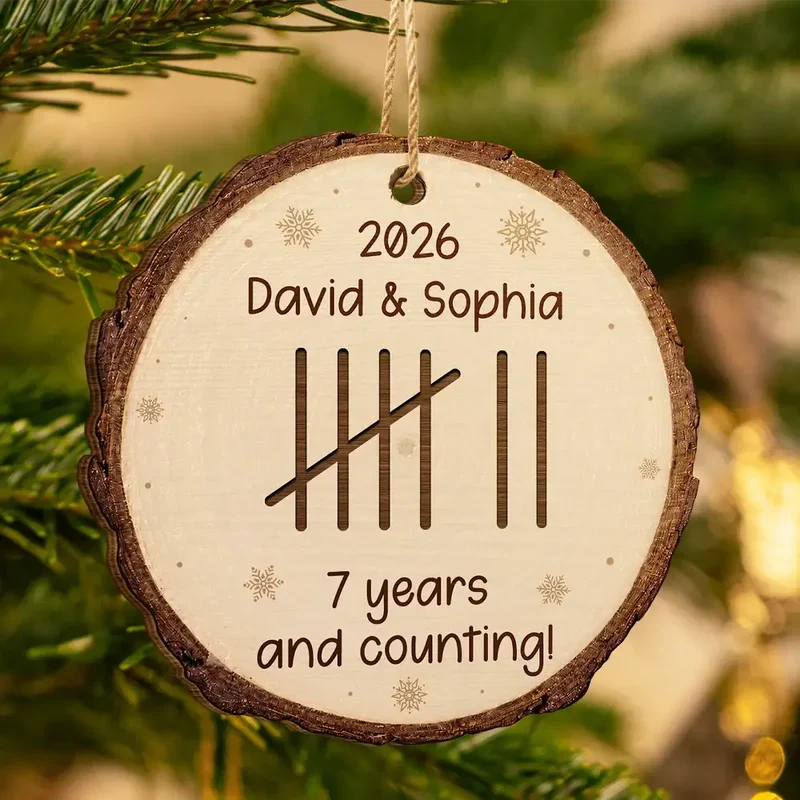 Personalized Wooden Ornament, Custom Couple Anniversary Tally Marks, Rustic Snowflake Unique Gift