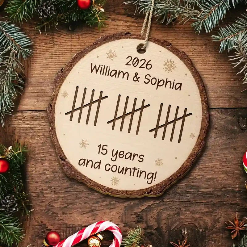 Personalized Wooden Ornament, Custom Couple Anniversary Tally Marks, Rustic Snowflake Unique Gift
