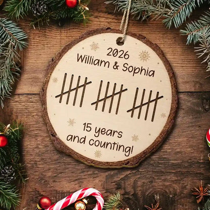 Personalized Wooden Ornament, Custom Couple Anniversary Tally Marks, Rustic Snowflake Unique Gift