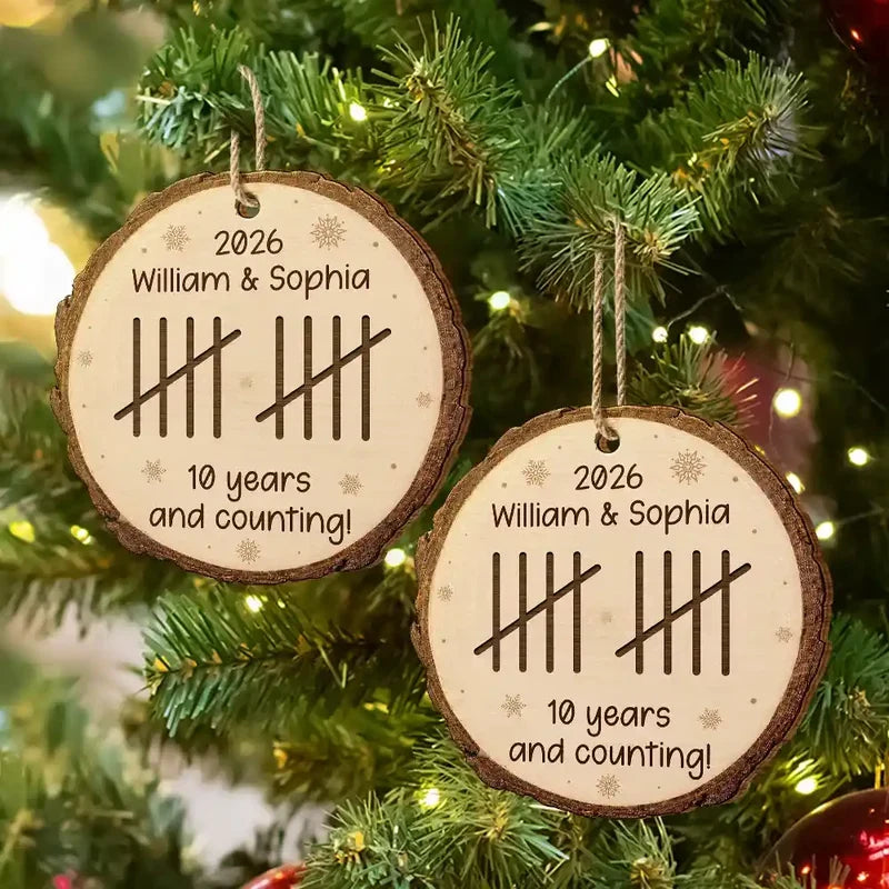 Personalized Wooden Ornament, Custom Couple Anniversary Tally Marks, Rustic Snowflake Unique Gift