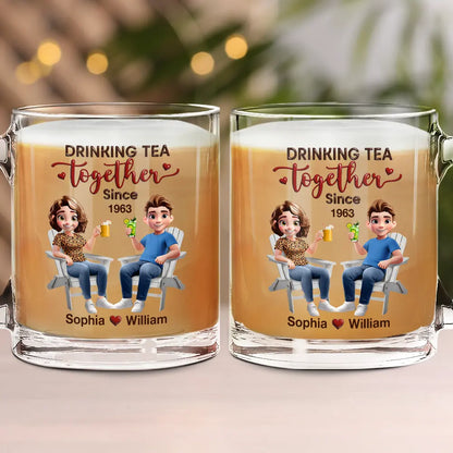 Love, Gift For Couples, Gift For Husband, Gift For Wife, Gift For Boyfriend, Gift For Girlfriend, Old Couples - Couple Drinking Coffee Together - Personalized Glass Mug