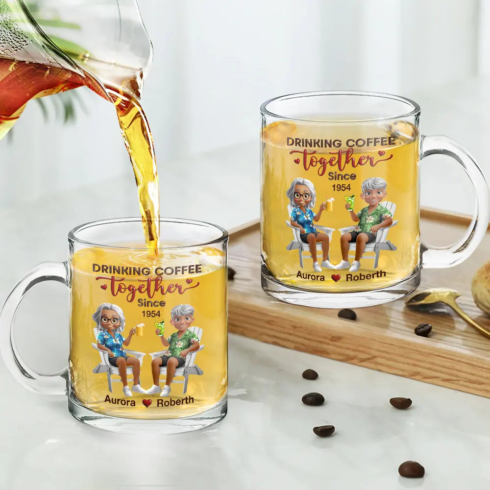 Love, Gift For Couples, Gift For Husband, Gift For Wife, Gift For Boyfriend, Gift For Girlfriend, Old Couples - Couple Drinking Coffee Together - Personalized Glass Mug