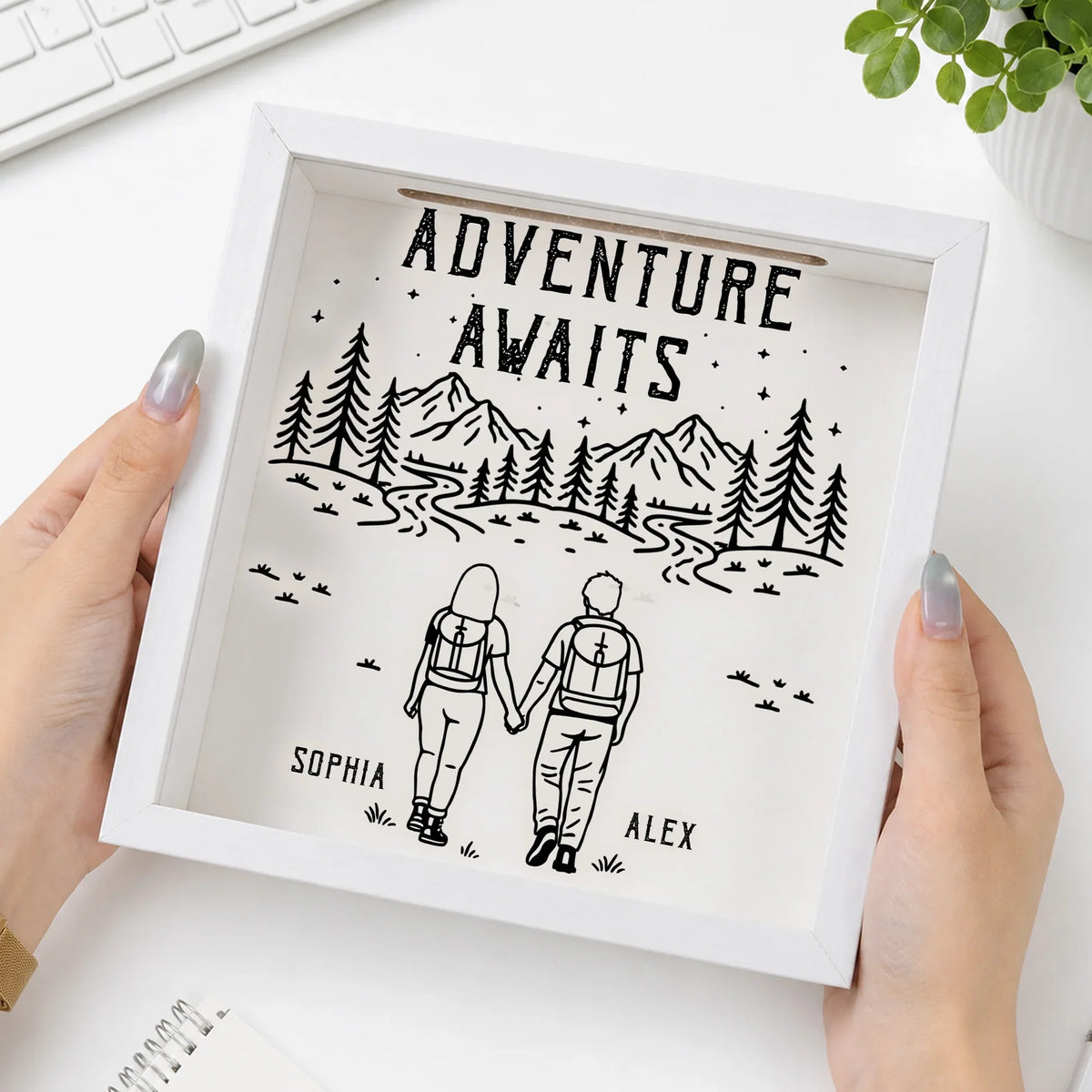 Personalized Wooden Ticket Keepsake Box, Couple Holding Hands on Mountain Trail, Unique Travel Gift