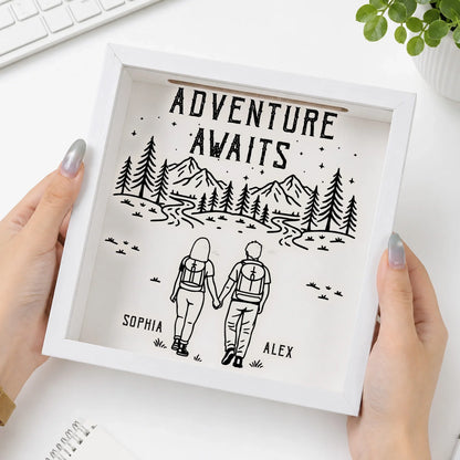 Personalized Wooden Ticket Keepsake Box, Couple Holding Hands on Mountain Trail, Unique Travel Gift