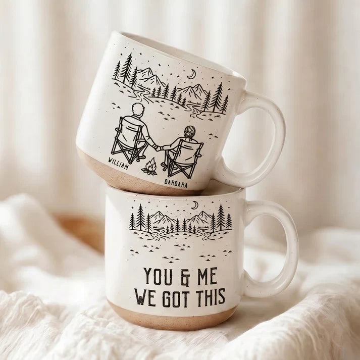 Personalized Enamel Mug, Couple Holding Hands by a Campfire, Unique Adventure Gift for Partners