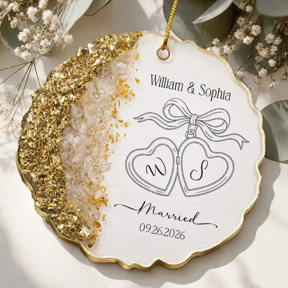 Personalized Resin Ornament for Married Couple, Gold Heart Charm Design, Unique Creative Gift