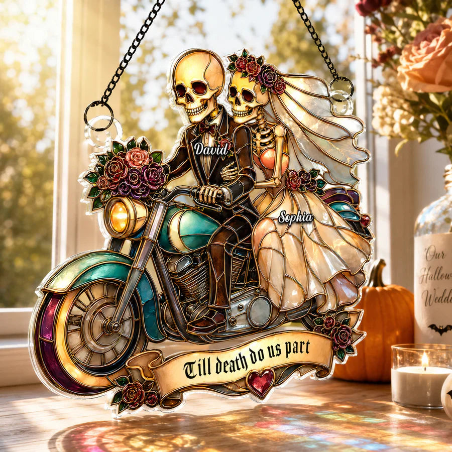 Personalized Acrylic Suncatcher Ornament, Skeleton Newlyweds Riding Motorcycle, Unique Couple Gift