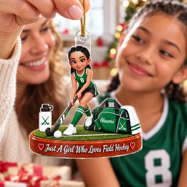 Personalized Acrylic Ornament, Girl Playing Field Hockey on the Pitch, Unique Christmas Gift for Daughter