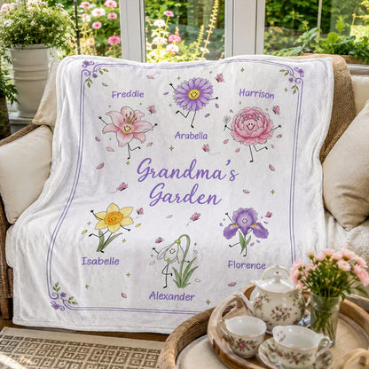 Personalized Fleece Blanket Held by Kids, Grandma's Garden Birth Flower Doodles, Unique Gift for Grandma