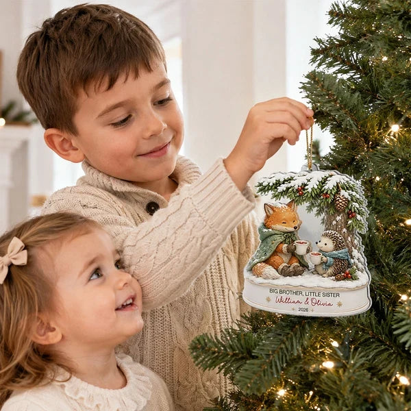 Big Brother Little Sister Acrylic Ornament, Sharing Cocoa in a Cozy Winter Scene, Personalized Creative Gift