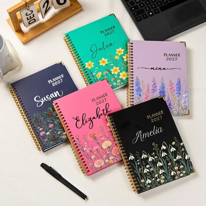 Personalized Custom Planner with Pink Floral Artwork for Desk Organization, Unique Gift for Mom, Daughter or Friend