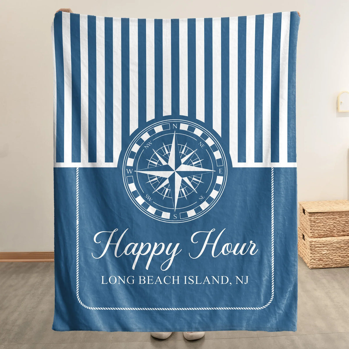 Personalized Nautical Fleece Blanket, Navy Compass Stripes, Unique Gift for Boaters & Coastal Home Decor