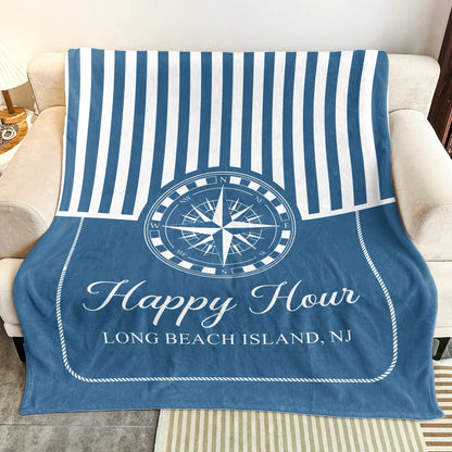 Personalized Nautical Fleece Blanket, Navy Compass Stripes, Unique Gift for Boaters & Coastal Home Decor