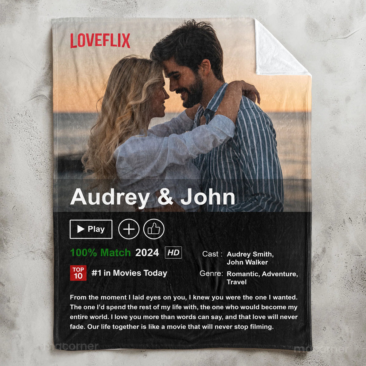 Personalized Loveflix Poster, Blanket, Plaque - Romantic Gift for Couples - Celebrate Your Romance Like a Blockbuster Movie