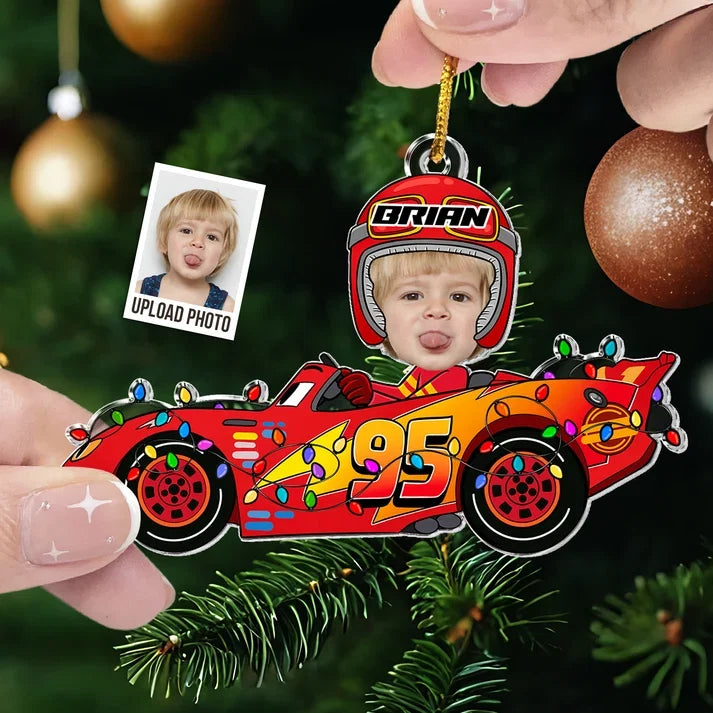 Acrylic Ornament with Personalized Kid Photo in a Festive Race Car, Heartwarming Creative Gift for Family