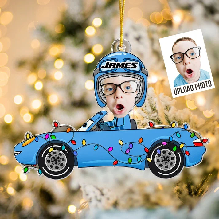 Acrylic Ornament with Personalized Kid Photo in a Festive Race Car, Heartwarming Creative Gift for Family