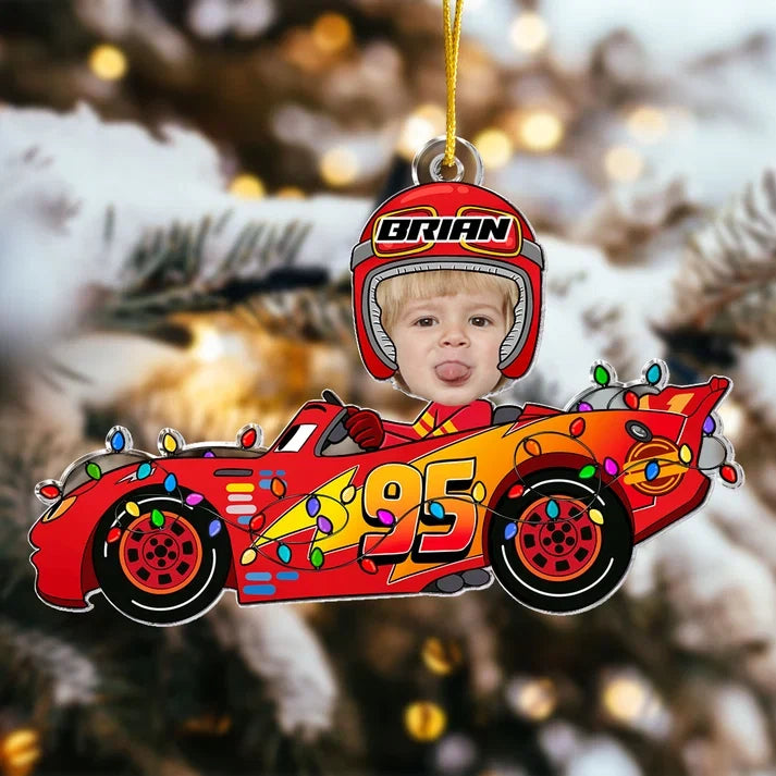 Acrylic Ornament with Personalized Kid Photo in a Festive Race Car, Heartwarming Creative Gift for Family