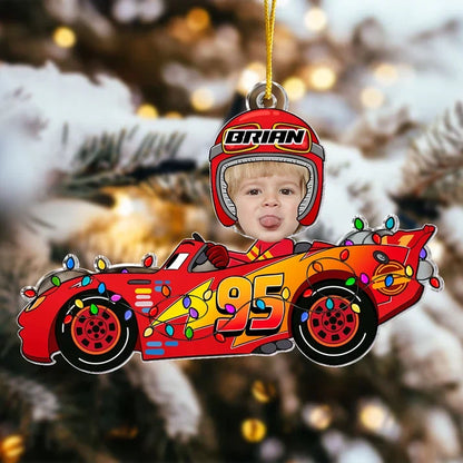 Acrylic Ornament with Personalized Kid Photo in a Festive Race Car, Heartwarming Creative Gift for Family