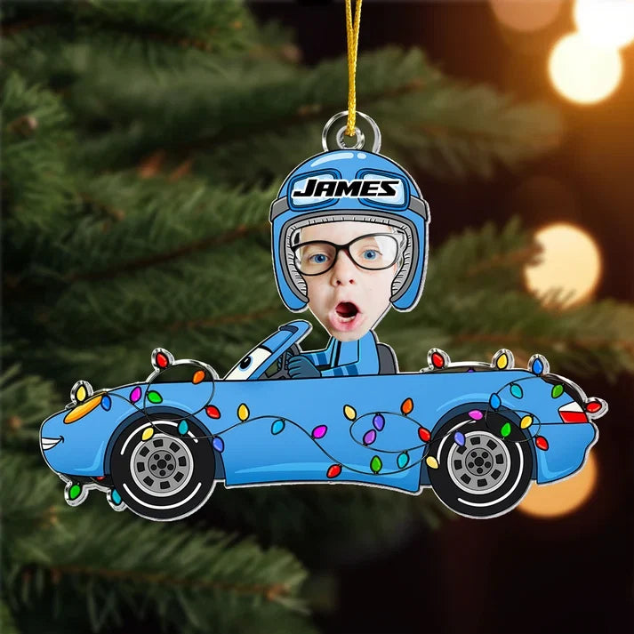 Acrylic Ornament with Personalized Kid Photo in a Festive Race Car, Heartwarming Creative Gift for Family