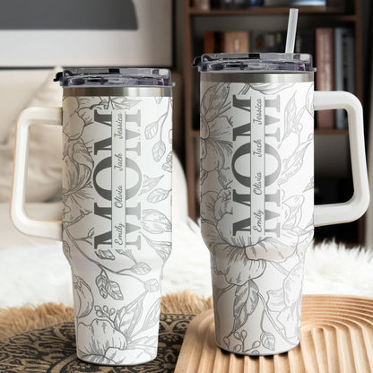 Floral MOM Personalized 40oz Tumbler with Handle for Coffee and Water on the Go, Thoughtful Gift for Mom