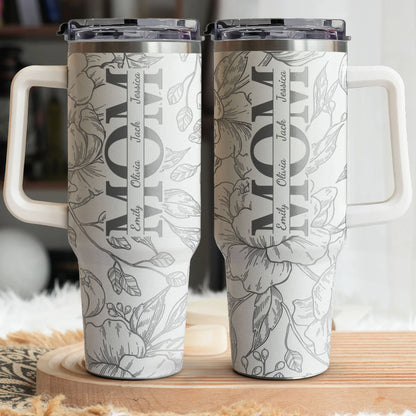 Floral MOM Personalized 40oz Tumbler with Handle for Coffee and Water on the Go, Thoughtful Gift for Mom