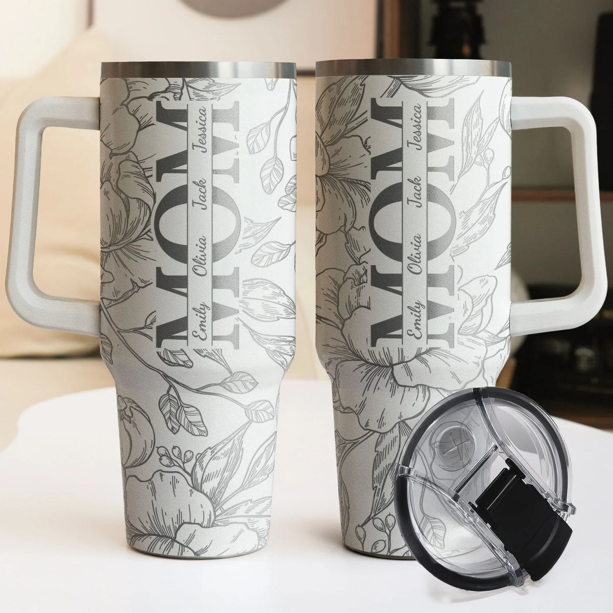 Floral MOM Personalized 40oz Tumbler with Handle for Coffee and Water on the Go, Thoughtful Gift for Mom