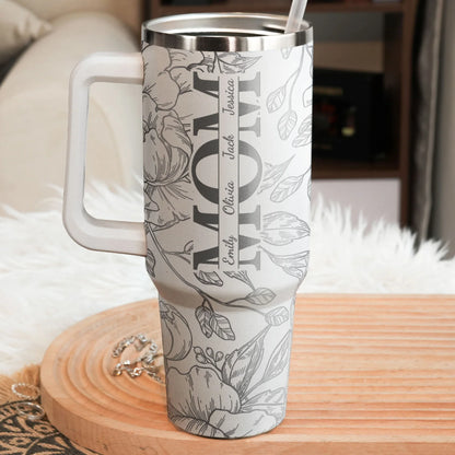 Floral MOM Personalized 40oz Tumbler with Handle for Coffee and Water on the Go, Thoughtful Gift for Mom