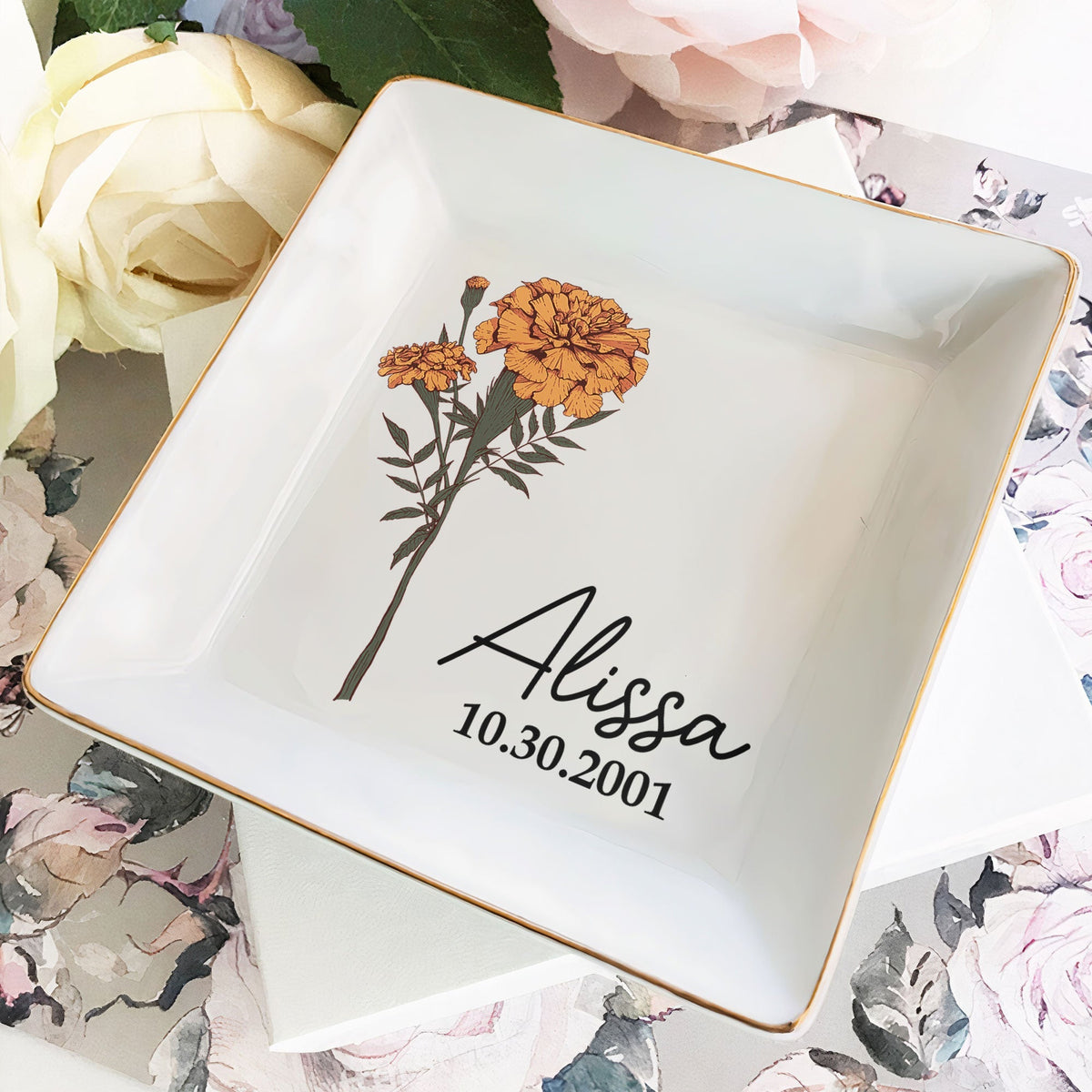 Personalized Jewelry Dish – Birth Month Flower Ring Tray with Name and Date