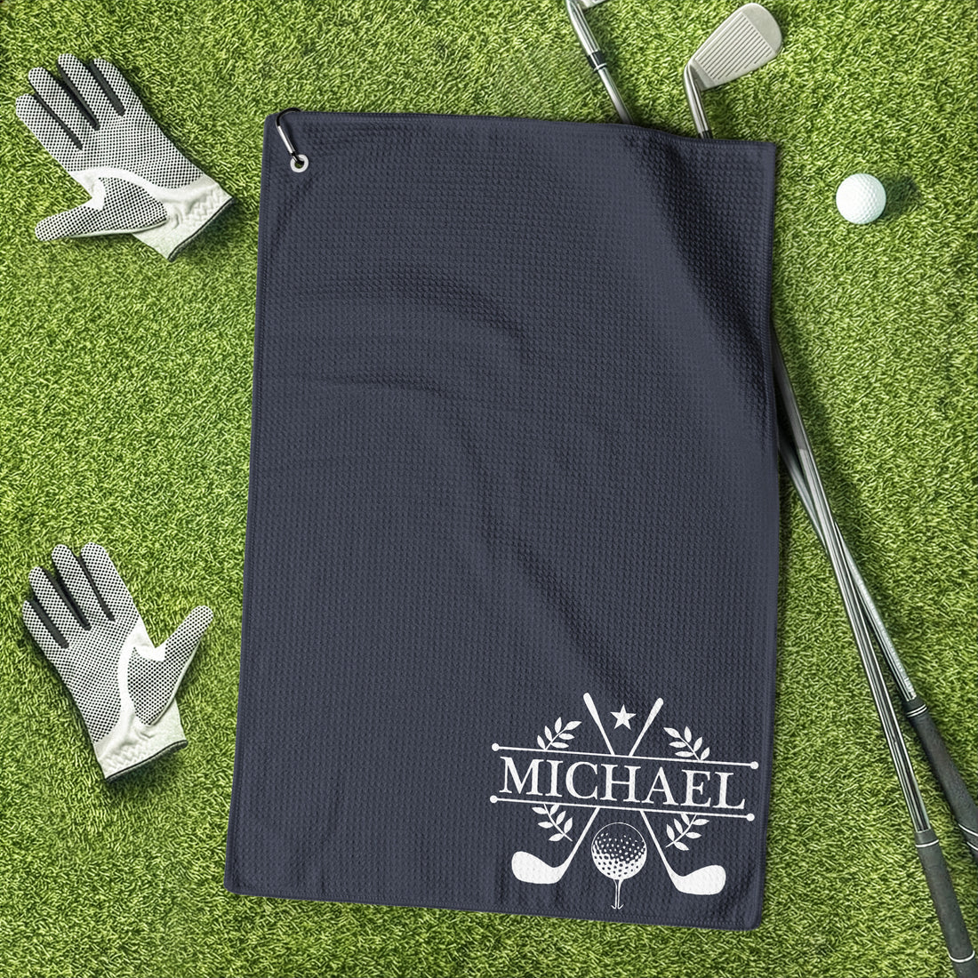 Personalized Waffle Weave Golf Towel with Clubs & Ball, Unique Gift for Golfers & Dad