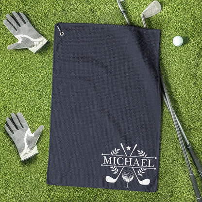 Personalized Waffle Weave Golf Towel with Clubs & Ball, Unique Gift for Golfers & Dad