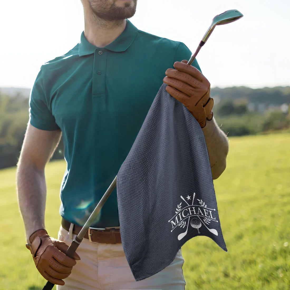 Personalized Waffle Weave Golf Towel with Clubs & Ball, Unique Gift for Golfers & Dad