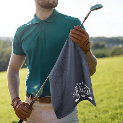 Personalized Waffle Weave Golf Towel with Clubs & Ball, Unique Gift for Golfers & Dad