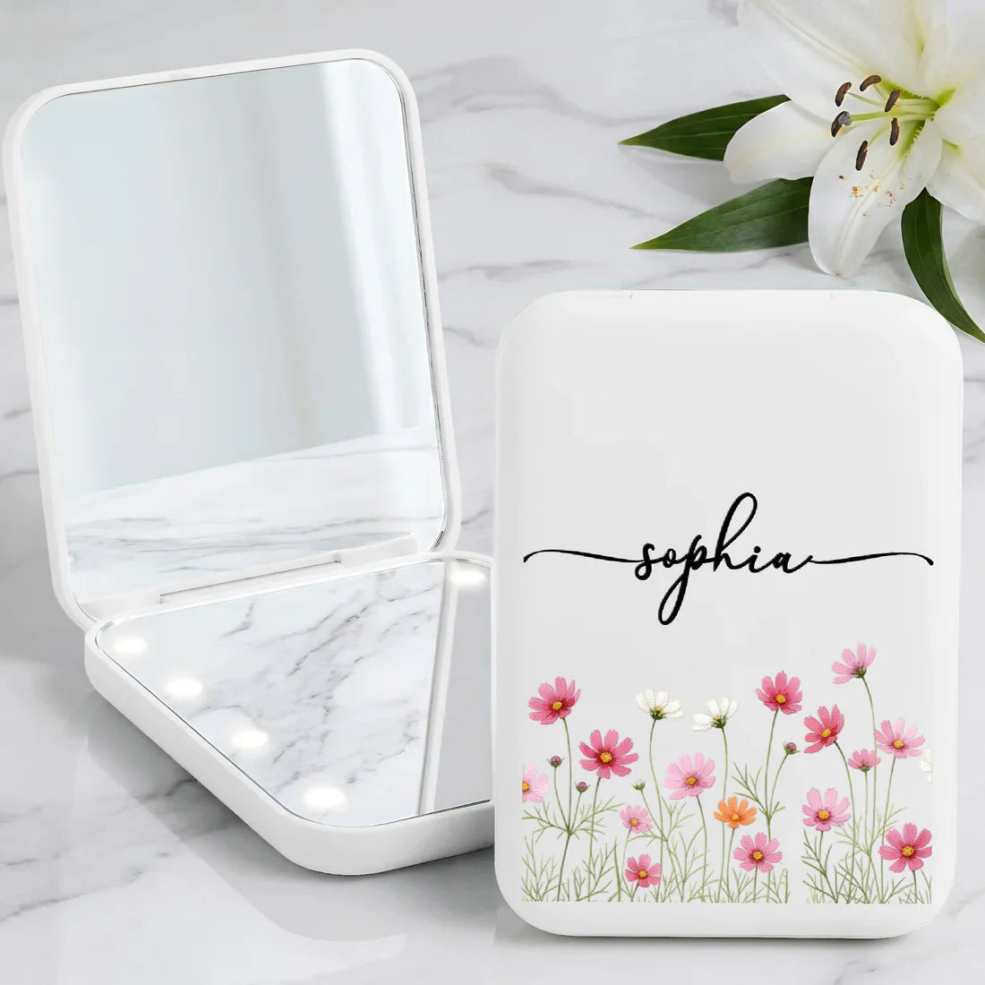 Personalized LED Pocket Mirror With Pink Floral Art, Unique Creative Gift For Sister Or Friend