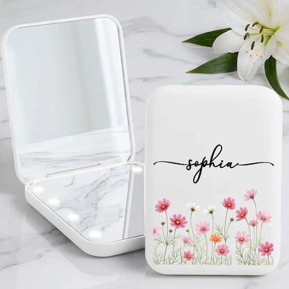 Personalized LED Pocket Mirror With Pink Floral Art, Unique Creative Gift For Sister Or Friend