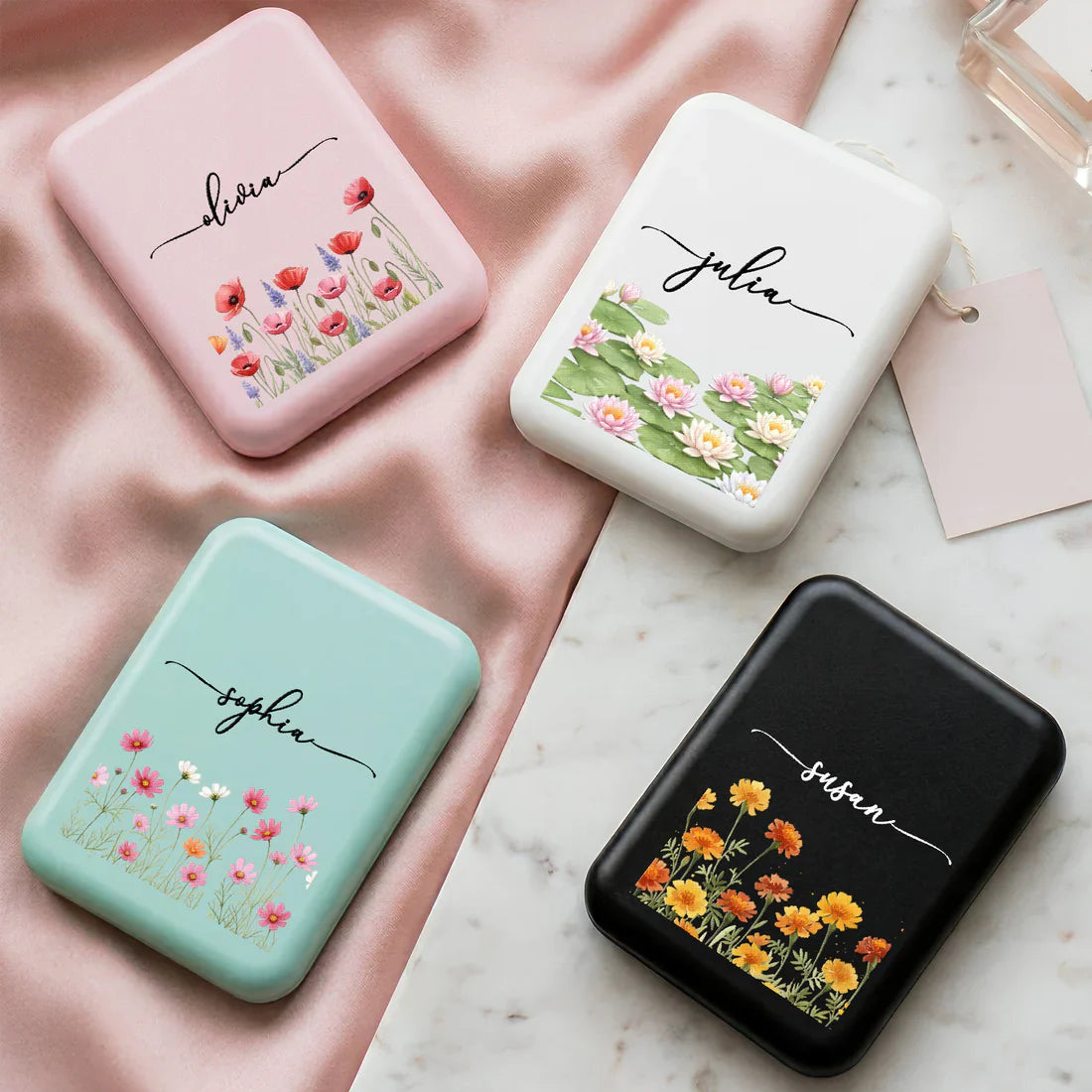Personalized LED Pocket Mirror With Pink Floral Art, Unique Creative Gift For Sister Or Friend