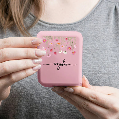 Personalized LED Pocket Mirror With Pink Floral Art, Unique Creative Gift For Sister Or Friend