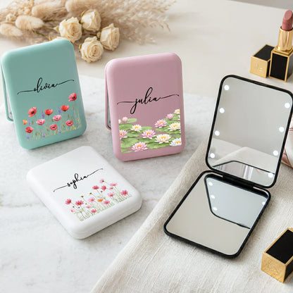 Personalized LED Pocket Mirror With Pink Floral Art, Unique Creative Gift For Sister Or Friend